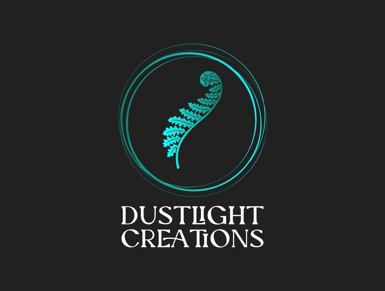 Logo of Dustlight Creations featuring a turquoise fern spiral inside a double circular frame on a dark background, with the brand name written below in stylized white font.